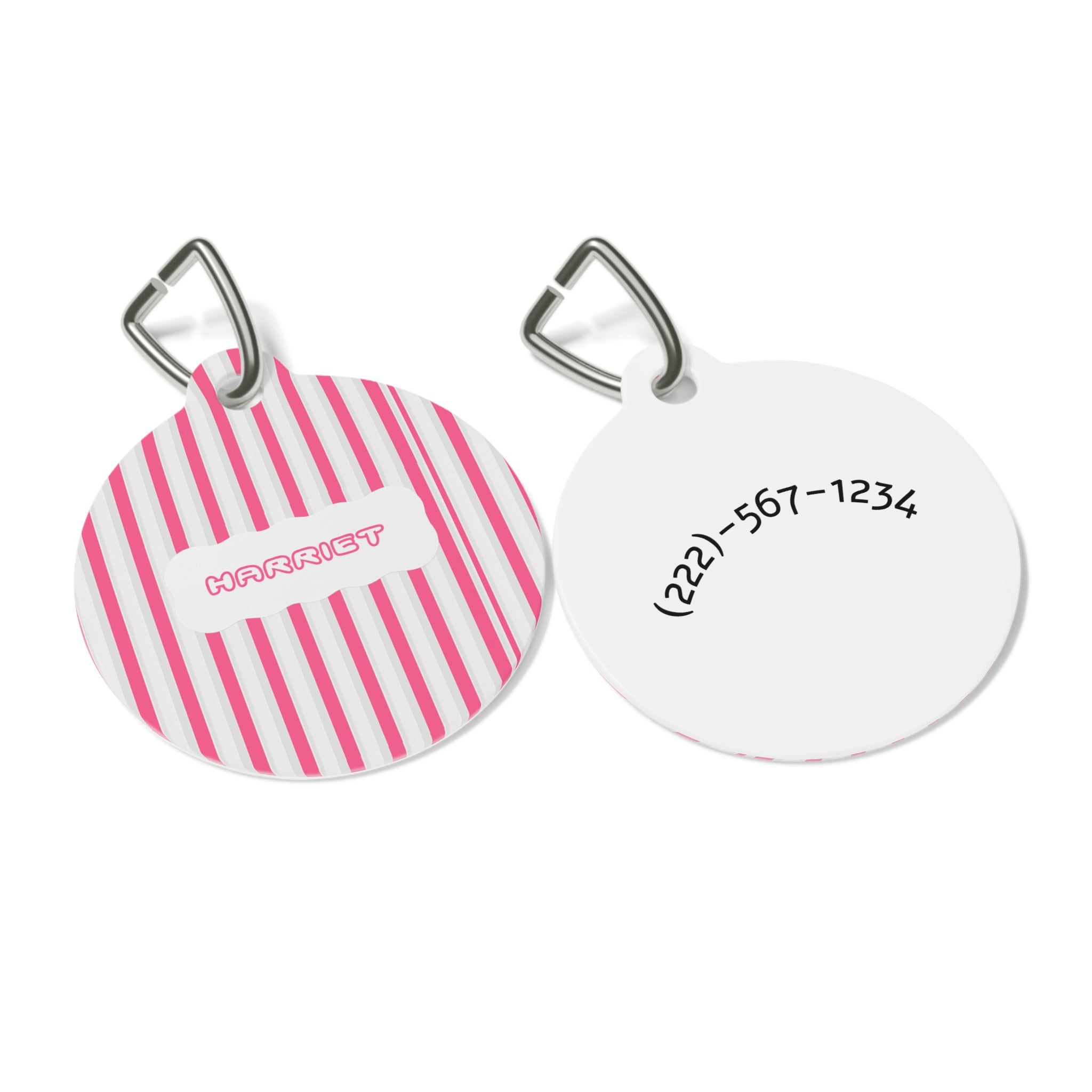 Personalized Pink Striped Pet Tag — Custom Name & Phone ID