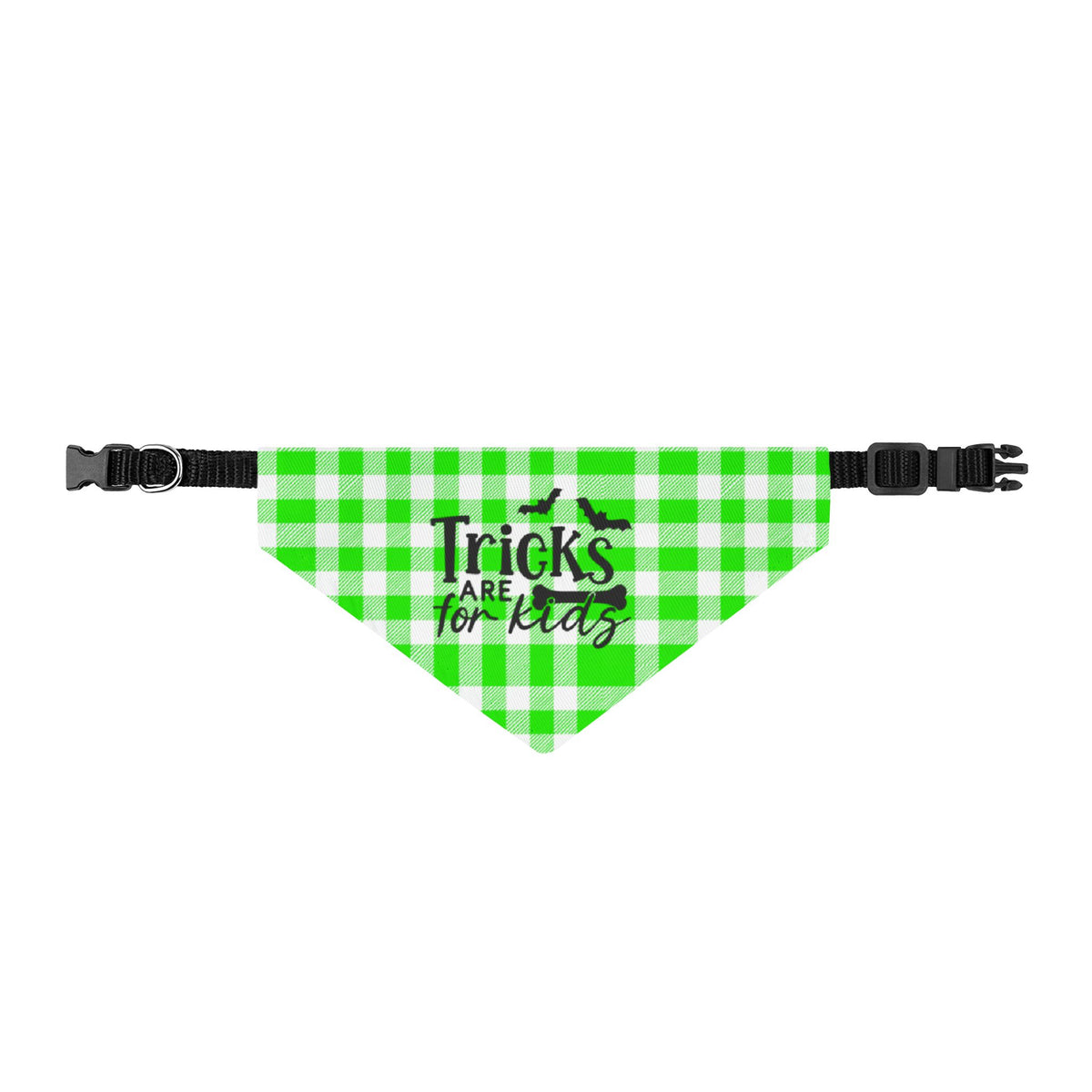 Clip-On Pet Bandana — "Tricks Are for Treats" Green Gingham Dog Bandana