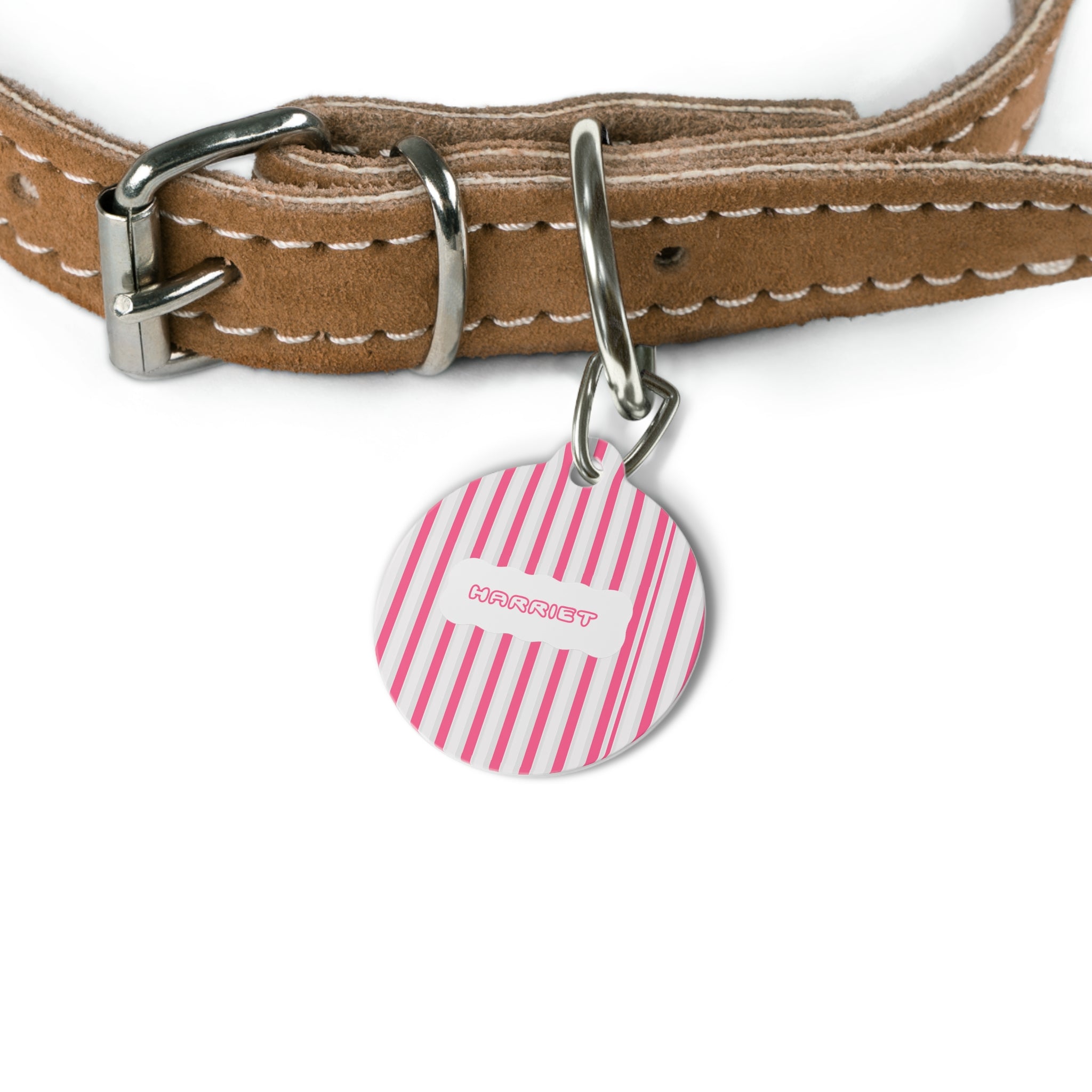 Personalized Pink Striped Pet Tag — Custom Name & Phone ID
