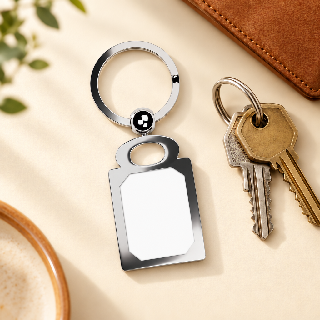 A polished silver metal keychain with a blank white center panel and a small black accent bead, shown next to a brass key on a warm beige surface with subtle lifestyle props.