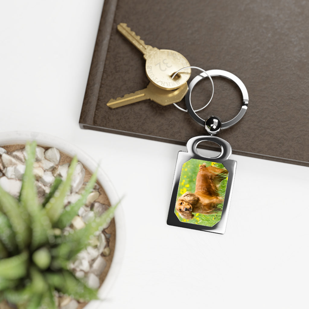 A silver metal keychain with a rectangular pendant showing a golden retriever on a green background, attached to a split key ring with keys. The keychain is styled on a dark brown textured surface with a white background, a blurred potted succulent, and a book corner.