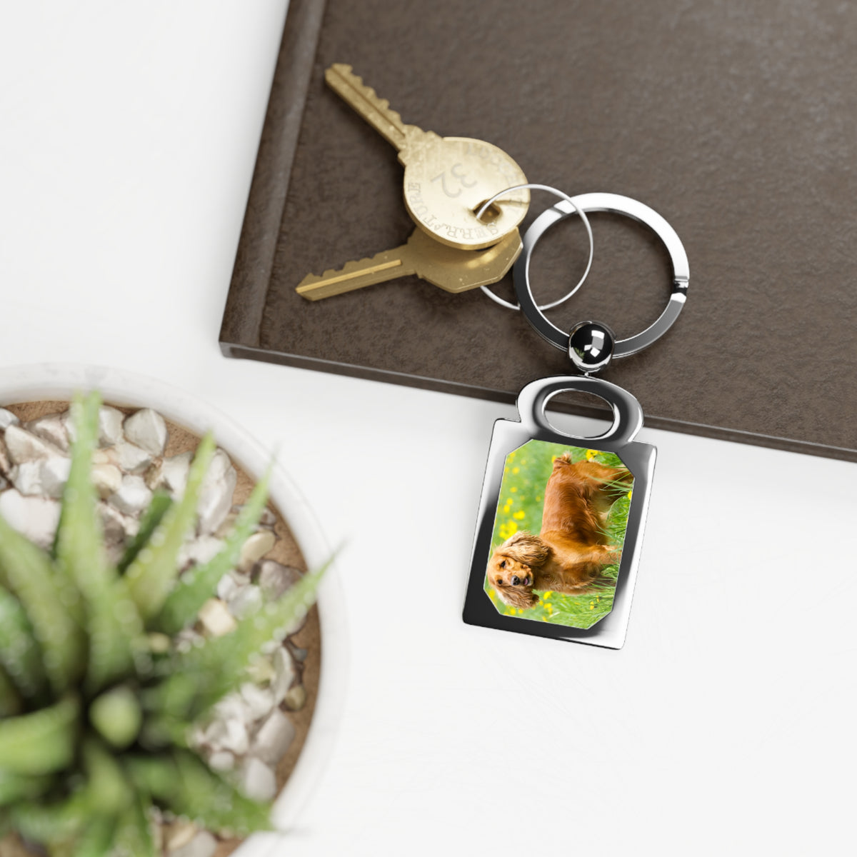 A silver metal keychain with a rectangular pendant showing a golden retriever on a green background, attached to a split key ring with keys. The keychain is styled on a dark brown textured surface with a white background, a blurred potted succulent, and a book corner.
