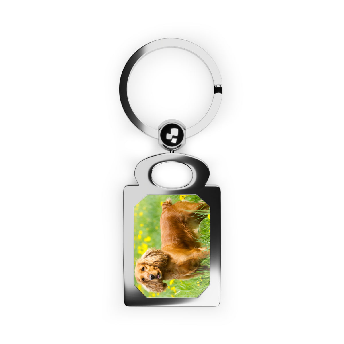 A silver metal keychain with a rectangular pendant featuring a printed photo of a golden retriever dog lying on grass, shown on a plain white background.