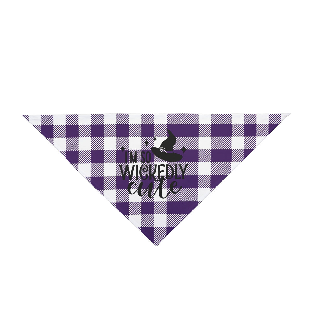 A triangular dog bandana with a purple and white gingham plaid pattern, featuring a black graphic of a witch on a broomstick and the text 'I'M A WICKEDLY cute'.