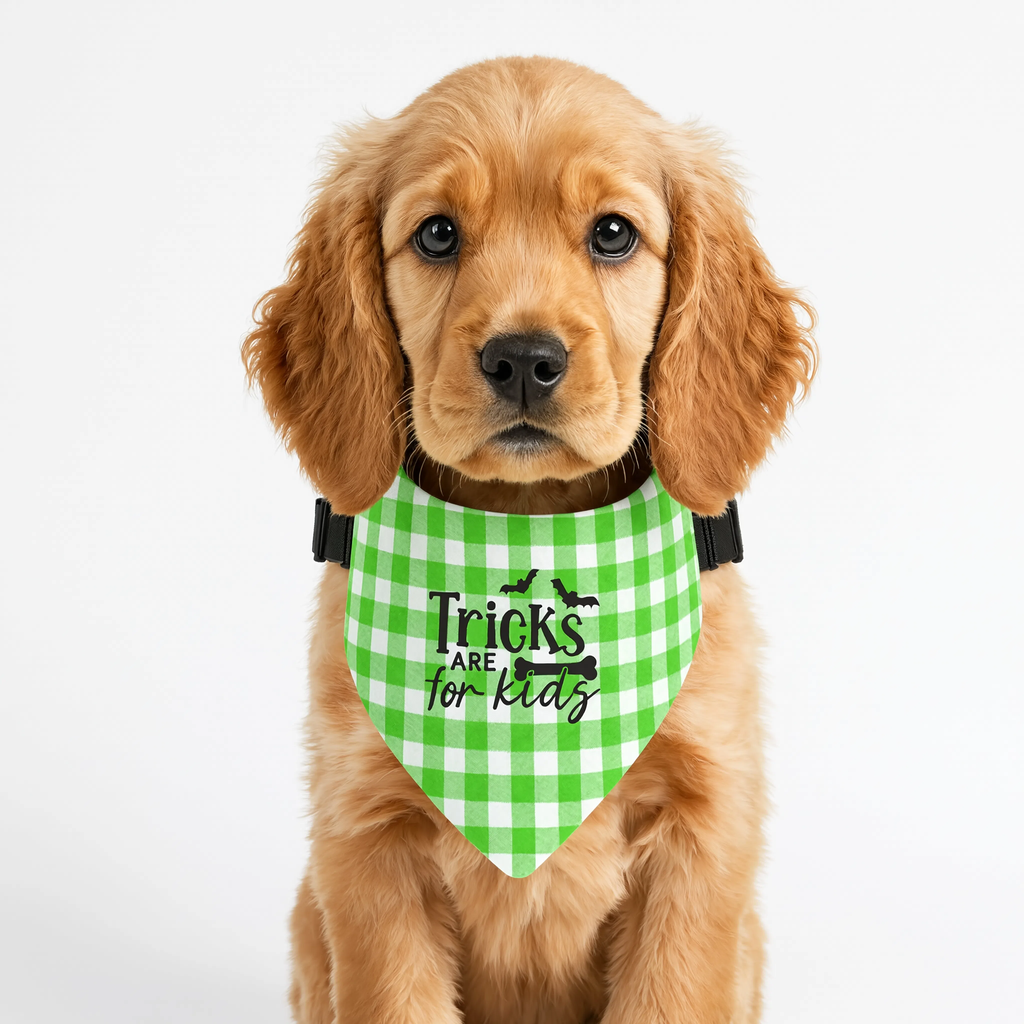 Clip-On Pet Bandana — "Tricks Are for Treats" Green Gingham Dog Bandana
