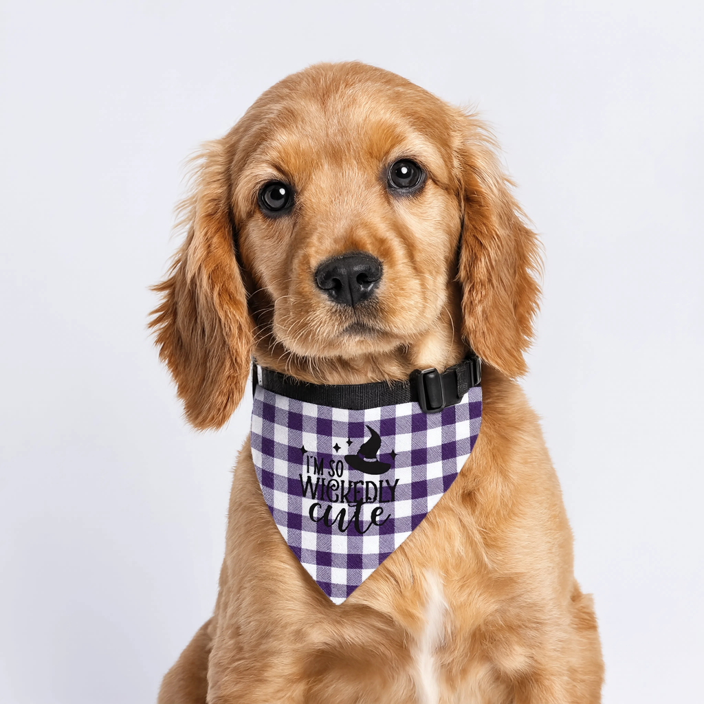 Pet Bandana – Purple Buffalo Check "Witchy & Cute" Clip-On Collar Accessory